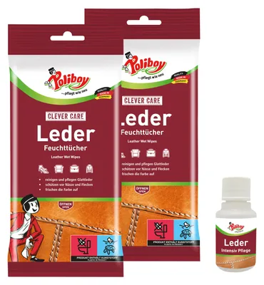 Produktbild von Poliboy Leder Putztücher- 2x20 Tücher - für glattes/genarbtes Leder - für Frische und Glanz - Inklusive Leder Probe