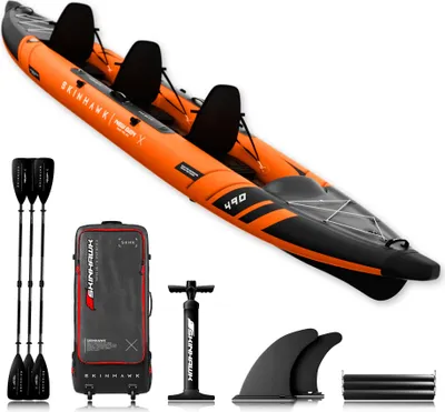 Produktbild von SKINHAWK Prestige Kajak 490 – 3er-Kajak in Orange – Set mit Fiberglas-Paddel