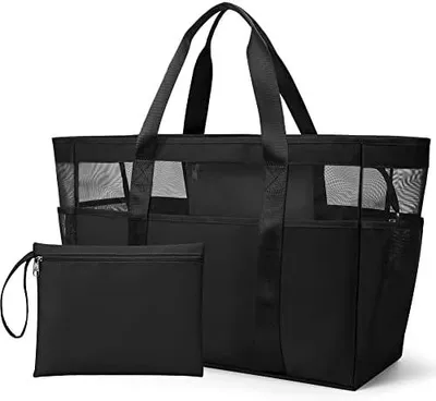 Produktbild von Mesh Strandtasche XXL Familie, Strandtasche mit Reißverschluss Shopper Damen Groß Badetasche, Beach Bag Einkaufstaschen für Reisen Einkaufen und Alltag
