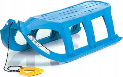 A blue plastic sled with a yellow handle and a black rope, shown on a white background.