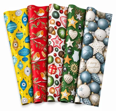 Zdjęcie produktu dla Benza – Zestaw papierów do pakowania prezentów "Christmas Mix" – 5 rolek, każda o wymiarach 70 x 200 cm – papier do pakowania prezentów świątecznych – 5 różnych wzorów świątecznych, Obraz wygenerowany przez AI