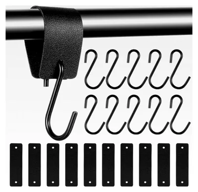 Produktbild von 10er Set S-Haken mit Lederschlaufe Schwarz, S-Haken zum Einhängen, Metallhaken für Kleiderstangen, Kleiderhaken für Stangen, Garderobenhaken, Camping, Fleischerhaken
