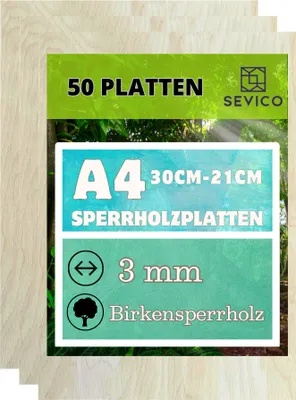 Produktbild von 50 x A4 Holz-Platte | 300 x 210 x 3 | Dünne Sperrholz-Zuschnitte | Perfektes Blatt für Laubsäge, Brandmalerei, Laserschnitt, CNC Router, Durchbrochenes | A004-005