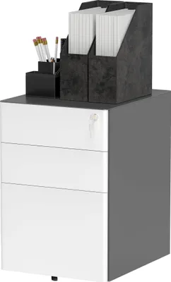 Produktbild von Weiß+Grau Aktenschrank mit 3 Schubladen, Rollcontainer, Hängeregister und Schloss, Stahlgehäuse 39x48x59 cm, Büroorganisation