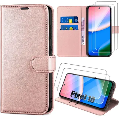 Image de Coque + 2 Verres Trempés pour Google Pixel 10, Protection Flip Case Anti-Rayures Antichoc Cuir Synthétique Rose