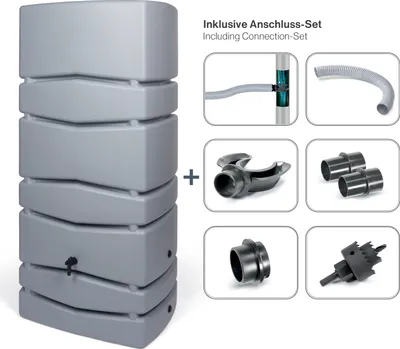 Produktbild von XXL Wassertonne Aqua Tower mit Wasserhahn und Füllautomat. Tolle, dezente Optik in Grau, 650 Liter Nutzungsvolumen.