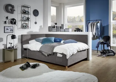 Produktbild von Meise Möbel Kinderbett Cool 90x200 cm | Bettgestell | Kopfteil & Rückenteil glatt | Cordstoff Anthrazit | Holzfuß eiche