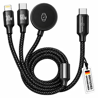 Produktbild von 3-in-1 Ladekabel für Apple Watch 1,2 m – USB-C 60W, Lightning 30W &Ladefunktion