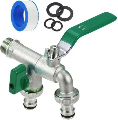Produktbild von Zweikreis-Wasserhahn 90 Grad - G1/2 Gewinde - Messing Wasserhahn - Warm/Kalt Wasser - Gartenwerkzeug - Dauerhaft Beschichtet - Zweigang-Wasserhahn