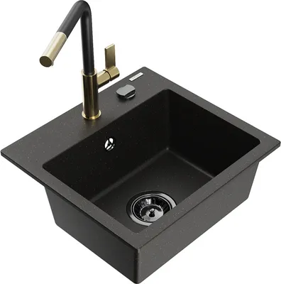 Produktbild von Mexen Milo 1-Becken-Granitspüle mit Mischbatterie Flora, Schwarz/Gold metallisch - 6505-75-670401-57-B