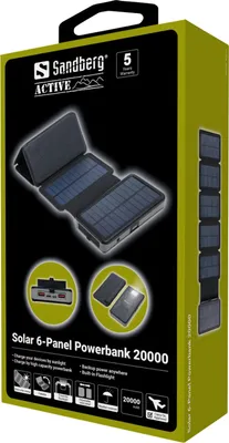 The image shows the packaging of a Sandberg Solar 6-Panel Powerbank 20000.