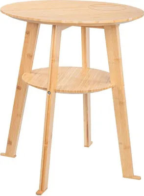 A bamboo side table with two shelves, shown against a white background.