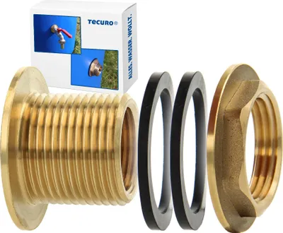 Produktbild von tecuro Regentonnendurchführung, Messing, IG 1/2 x AG 3/4 Zoll, schwere Ausführung, Bohrung Ø 27 mm, Wandstärke 1-14 mm, für Zapfhahn