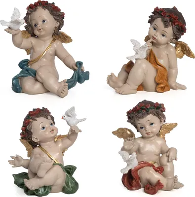 Obrázek produktu pro Sada 4 figurek anděla s holubicí - Dekorativní sedící anděl z polyresinu - Ručně malované figurky anděla se zlatými křídly - cca 10 cm - Dekorace pro vánoční a celoroční výzdobu