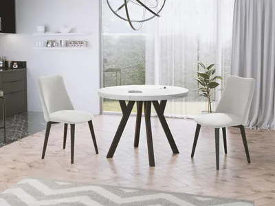 Produktbild von Designer Runder Ausziehbarer Esstisch in Weißer Marmoroptik - Loft-Stil, Industriell, Platzsparend - Schwarze Beine - 100 bis 150 cm - für 5-8 Personen - Hergestellt in EU - Marmor Weiß