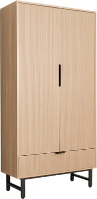 A full-shot image of a modern, light wood wardrobe with a single black handle on the right door and a drawer at the bottom, set against a white background.