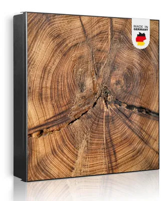 Produktbild von banjado Schlüsselkasten aus Metall, 30x30cm groß mit 32 Haken, als Magnettafel nutzbar, Korpus schwarz, Anschlag rechts, Jahresringe [SKG1 11997]