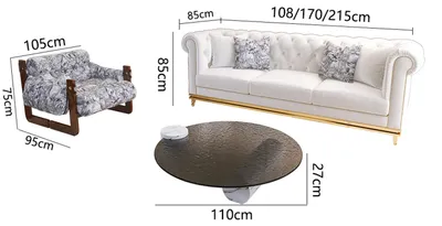 Zdjęcie produktu dla Eleganckie meble do salonu: sofa 3-osobowa i fotel. okrągły stolik kawowy ze szkła