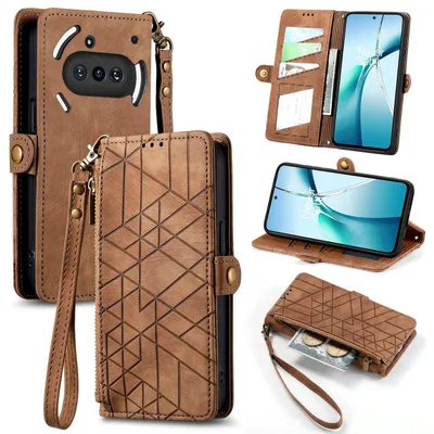 Immagine prodotto di Per Nothing Phone 3a Geometric Design Custodia a libro con cerniera in Pelle finta con passante Marrone
