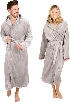 A man and a woman are shown wearing gray bathrobes.