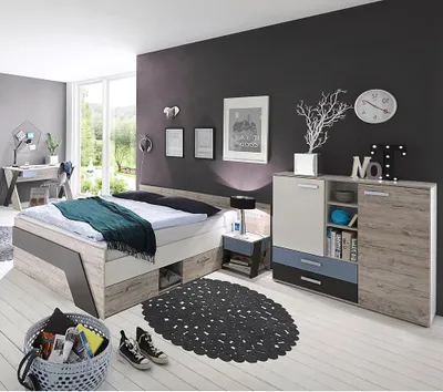 Produktbild von Jugendzimmer mit Bett 140x200 cm und Schreibtisch 4-teilig LEEDS-10 in Sandeiche Nb. mit weiß, Lava und Denim Blau