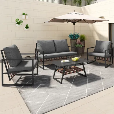 Image de Parrot Uncle Salon de jardin pour 4 personnes, avec canapé, table basse & coussins, housses amovibles, lavables, ensemble de meubles de jardin en noir