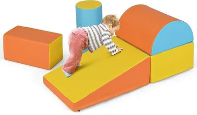 Imagen del producto de 5 bloques de espuma, bloques gigantes para jugar y escalar, bloques de espuma suaves, bloques grandes de varios colores, bloques de construcción para bebés y niños pequeños (naranja + amarillo)