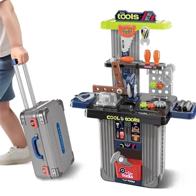 Produktbild von 2 in 1 Kinder Werkbank mit Werkzeugset, Werkstatt fuer Kinder ab 3 Jahren, Werkbank Koffer, Werkzeugbank Spielzeug fuer Jungen und Maedchen (Grau)