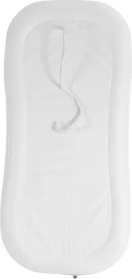 A top-down view of a white inflatable bathtub on a white background.