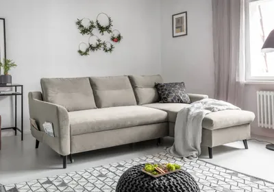 Produktbild von MIUFORM Stylish Stan Velours - Ecksofa mit Bettfunktion - 224x148cm - Beige - L-Form Rechts - Schlafsofa Couch