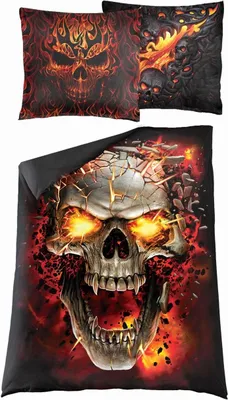 A bedding set featuring a skull design with flames and cracking effects.