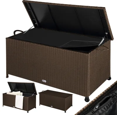 Image de CASARIA® Coffre de jardin extérieur XXL Marron - Malle de rangement en Polyrotin avec roulettes 270 L, étanche avec Vérin à gaz 117x53x60 cm pour Jardin, Balcon ou Terrasse