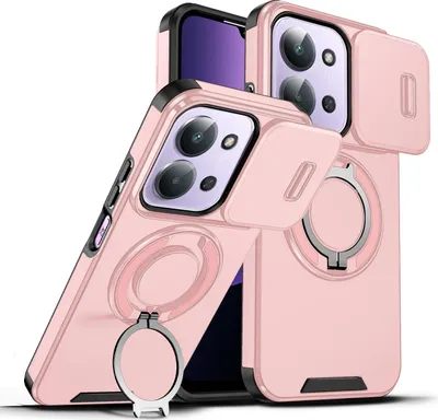 Immagine prodotto di Custodia a doppio strato per Xiaomi Redmi 15C 4G, con copertura scorrevole della fotocamera e supporto ad anello magnetico Rosa
