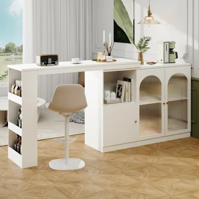 Produktbild von Abrihome 360° Drehbarer Esszimmertisch Bartisch, Ausziehbar Stehtisch mit Schrank, Weiß