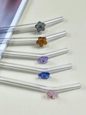 Produktbild von Glasstrohhalme mit bunten Blumen 6er-Set Trinkhalm mit Bürste klar 20cm x 8 mm