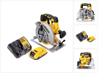A DeWalt cordless circular saw with a battery and charger, presented on a white background with additional product shots on the right.