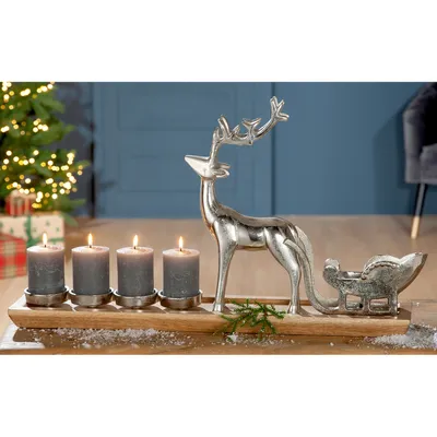 Produktbild von GILDE Adventsleuchter B.64cm - Weihnachtskranz - Tischkranz - Adventskranz - großer Adventsleuchter XL - Kranz Deko Hirsch mit Schlitten - Leuchter