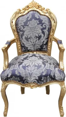 A single ornate armchair with a blue and silver damask pattern.