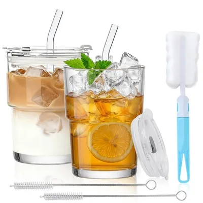 Productafbeelding van Set van 2 Glazen Bekers met Deksel en Rietje 420 ml