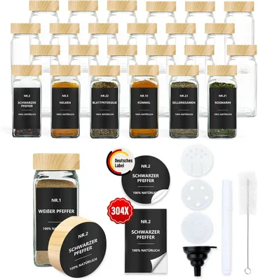 Produktbild von Zimilo 24-teiliges Gewürzgläser Set mit Etiketten, 120 ml, Wasserdichte Labels, Aufbewahrung, BPA-frei, Holzmaserungsabdeckung, für Küche
