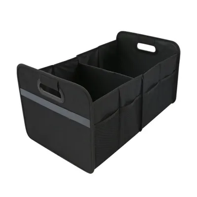 A black foldable trunk organizer with multiple compartments and side pockets, shown from a slightly elevated front-left angle against a white background.