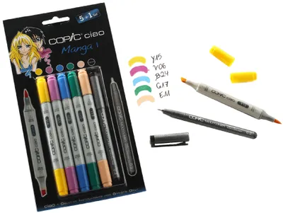 Zdjęcie produktu dla Copic Ciao 5+1 Set Manga 1, 6 szt., Wielobarwny, Dłuto/końcówka pędzla, Okrągły, Tusz na bazie alkoholu, Dorosły/Dziecko