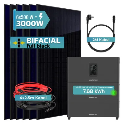 Produktbild von SUNNIVA® 3000W Balkonkraftwerk mit 7,68 kWh Speicher MARSTEK Jupiter C + Plus, 6x500W BIFAZIAL FULLBLACK komplett Steckdose, Solaranlage Solarspeicher