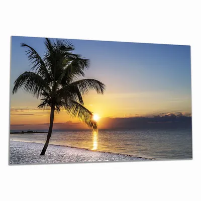 Produktbild von Wallario Herdabdeckplatte aus Glas, Größe 90 x 52 cm 1-teilig, Motiv Palme am Strand - Sonnenuntergang über dem Meer