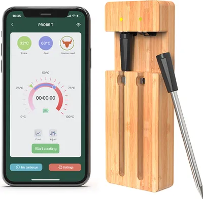 Produktbild von Intelligentes kabelloses Fleischthermometer, 98 Fuss kabellose Reichweite, BT-Fleischthermometer mit 2 Sonden, intelligente APP-Steuerung, wasserdichtes, wiederaufladbares Lebensmittel-Kochthermometer Typ C fuer BBQ, Ofen, Grill, Smoker
