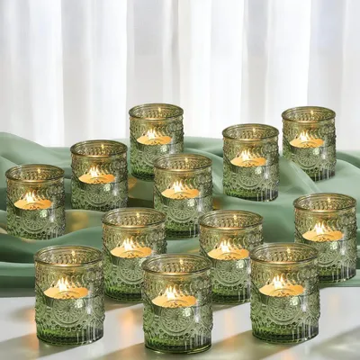 Immagine prodotto di Portacandele in vetro verde, confezione da 12 pezzi. Altezza: 6,5 cm, diametro: 5,5 cm