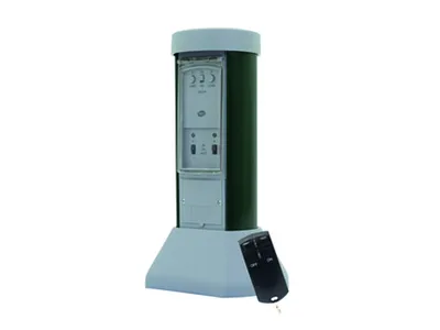 A product shot of a garden lighting control unit with a remote control.