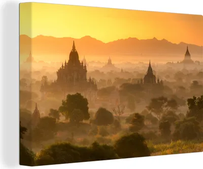 Obrázek produktu pro OneMillionCanvasses® - Výtisky na plátně - 140x90 cm, Západ slunce za horami Baganu v Myanmaru, Nástěnné umění tisk nástěnné dekorace - Fotografie na plátně - Malba na plátně