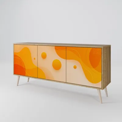 A sideboard with a modern abstract design on the doors, presented against a plain white background.