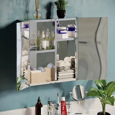 Obrázok produktu pre Kúpeľňová skrinka s dvojkrídlovými dverami - Zrkadlo - Nástenná montáž - Biela